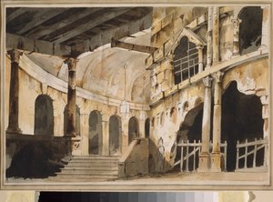 刑務所。 演劇の準備装飾。 ロシアの巨匠の作品、1790年頃、紙に水彩。 18世紀ロシアの風景画。 ミュージアム パレス オスタンキノ、モスクワ。 作： School Russian