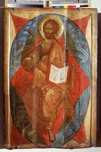 Christ in Majesty, Savior of the World (威厳のあるキリスト、世界の救世主)。 祝福のしるしを作るマンドルラの威厳のある（栄光の）イエス・キリスト。 ロシアのイコン、木に描かれたテンペラ、16 世紀初頭、ロストフ スーズダリの芸術。 A.ルーブル州