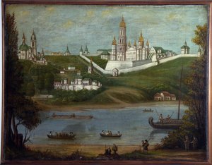キエフ (ウクライナ) の洞窟修道院 (キエフ洞窟修道院)。 匿名の絵画、キャンバスに油彩、19 世紀半ば。 古典主義ロシアの芸術。 国立宗教史博物館、サンクトペテルブルク。 作： School Russian