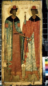 「キエフのウラジミール1世の息子、聖ボリスとグレブ」ロシアのイコン。 1450年頃の木に絵を描く。国立トレチャコフ美術館、モスクワ 作： School Russian
