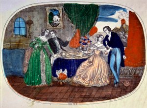 モンダナイト：二人のカップルの食事と誘惑のシーン。ロシア1850年頃のエングレーヴィング個人蔵