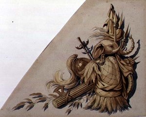 ネオクラシカルな武器のトロフィー：インド、1825年頃（水彩・紙）