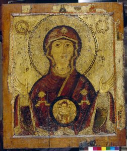 Notre Dame du Signe - Icone russe、tempera sur bois (73,4x64 cm)、デビュー 13 世紀 - (サインの聖母、パネル上のテンペラ、ロシアのイコン、13 世紀初頭) - State Tretyakov Gallery、モスクワ 作： School Russian