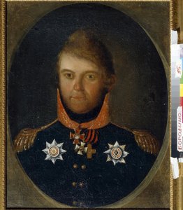 肖像画ドミトリー・ペトロヴィッチ・ネヴェロフスキー (1771-1813)。 ロシア軍の将校である彼は制服を着ており、聖ジョージの十字架 (オレンジと黒のリボンが付いた白い十字架)、聖ウラジミール勲章 (十字架 r 作： School Russian