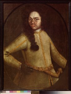 ピエール 1 世 (1672-1725) の連隊の新兵の制服を着た男性の肖像画。 匿名の絵画、キャンバスに油彩、18 世紀初頭。 ロシアの芸術。 18世紀の陶器とカントリーエステートの州立博物館。 クスコボ、モスクワ。 作： School Russian