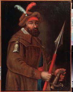 シベリアの征服者であるコサックのリーダー、イェルマーク・ティモフェヴィッチ (1532 年から 1542 年から 1585 年の間に生まれた) の肖像。 匿名の絵画、キャンバスに油彩、18 世紀初頭。 国立美術館、トムスク (ロシア)。 作： School Russian