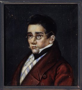 劇作家アレクサンダー・セルゲイヴィッチ・グリボイドフ (アレクサンダー・S・グリボイドフ) (1795-1829) の肖像画。 ロシアの巨匠の作品、1820 年頃、ホーンに水彩とグワッシュ。ロシア美術 作： School Russian