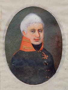 詩人アントン A. デルヴィグ (デルウィグ) (1798-1831) の肖像画。 （軍服で）。 1800 年頃、角に水彩画とグワッシュを描いたロシアの巨匠の作品。19 世紀のロシアの芸術。 国立美術館、トゥーラ (ロシア)。 作： School Russian