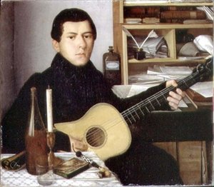 ギターを持つ青年の肖像」1830年頃（油彩・キャンバス 作： School Russian