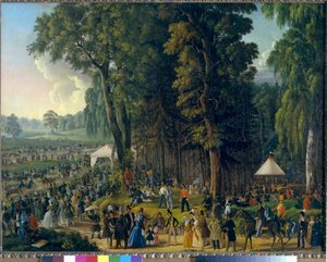 モスクワのマリーナ ロシャで行われた祝賀会。 匿名の絵画、キャンバスに油彩、1840 年頃。ロシア美術 作： School Russian