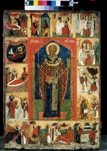 Myre または Bari の聖ニコラス (270-345) の生涯の祭壇画。 ロシアのアイコン。 15世紀末の木版画。 国立トレチャコフ美術館、モスクワ 作： School Russian