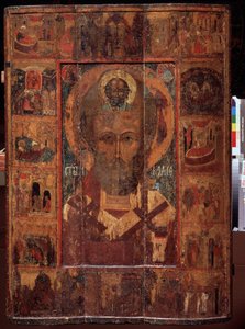 Saint Nicolas de Myre ou de Bari, avec desscenes de sa vie (彼の人生の場面を持つ聖ニコラス)。 ロシアのイコン、木に描かれたテンペラ、15 世紀初頭、ヤロスラヴリ (ロシア) の古代美術。 国立美術館、ヤロスラヴリ (ロシア)。