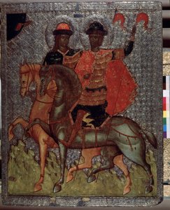 馬に乗った聖ボリス (またはローマン) とグレブ (またはダビデ) (1015 年の殉教者) (馬に乗った聖ボリスとグレブ)。 キエフの大公である聖ウラジーミルの次男である彼らは、常に信心深さで際立っていたが、父である長男のスヴィアの死後、 作： School Russian