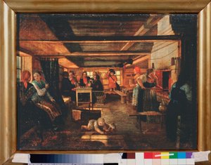 カントリーハウスでのシーン。 ロシアの巨匠の絵画、キャンバスに油彩