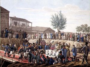 1820年、モヒロフの税関の最初の石を据える様子（水彩・紙） 作： School Russian