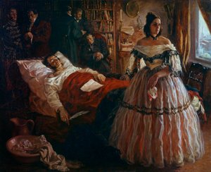 ロシアの詩人アレクサンドル・プーシキン（プーシキン）（1799-1837）が死の床で、妻のナタリア・ゴンチャローヴァ（ゴンチャローヴァ）と友人たちに囲まれている様子。 ロシア派の匿名の絵。1837年 エルミタージュ美術館 サンクトペテルブルク