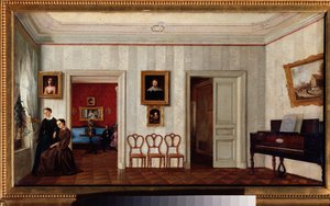 ピアノのある小さな部屋。 （そして窓の外を見ている二人の女性）。 ロシアの巨匠による絵画、キャンバスに油彩、19 世紀半ば。 国立トレチャコフ美術館、モスクワ。 作： School Russian