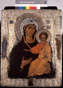 """Vierge Hodegetria (ホディギトリア)"""Icone russe. Peinture sur bois du 14eme siecle. セルギエフ ポサド聖セルギウス三位一体大修道院の国立野外博物館 作： School Russian
