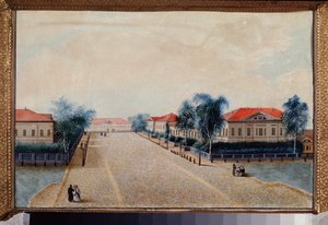 トヴェリ (ロシア) の財務省のビュー。 ロシアの巨匠の絵、キャンバスに油彩、1830 年頃。 ロシア美術