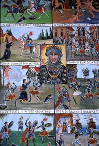 古代から続くシチリアの伝統に基づき、侵略やノルマン人の征服を物語ることを目的とした「プッピ」と呼ばれる人形劇の装飾。イタリア、シチリア島のパレルモ。 作： School Sicilian