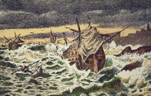 1588 年にフェリペ 2 世がイングランドに対して派遣した無敵のスペイン無敵艦隊の嵐による破壊 (手描きの彫刻) 作： School Spanish
