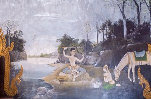 仏陀の生涯の一場面を描いたフレスコ画（ワット・プラタート・ドイ・ステープ寺院） 作： School Thai