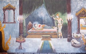仏陀の生涯の一場面を描いたフレスコ画（ワット・プラタート・ドイ・ステープ寺院 作： School Thai