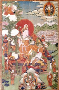 7世紀のチベット王ソン＝ツェン＝ガンポ。チベットのタイカ（パリ、ギメ美術館蔵 作： School Tibetan
