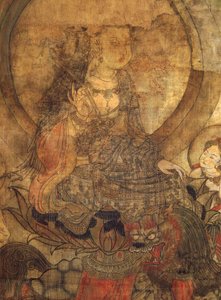 チベット文化：マンジュシュリ（文殊菩薩）。シルクにインク、サイズ：96x60 作： School Tibetan