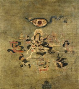 チベットの文化：北の守護者、毘沙門天。シルクにテンペラ、サイズ：61,5x55 作： School Tibetan