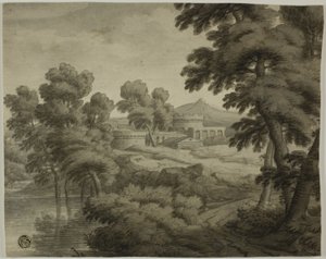 城、木々、水を前景にしたイタリア風の風景 作： School of Nicolas Poussin