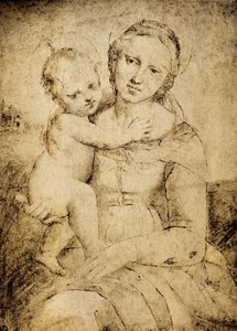 マドンナとチャイルド、ラファエルの学校から描いた図画と版画のキャビネット、ウフィツィ美術館、フィレンツェ 作： School of Raphael