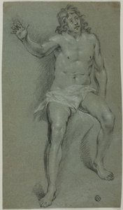 座った男性ヌード（レクト）；手と少年の頭のスケッチ（裏面） 作： School of Rembrandt van Rijn