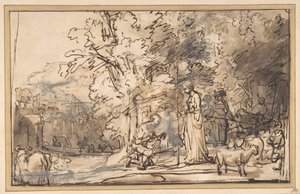 井戸でのジェイコブとレイチェルの出会い、1640-49。 作： School of Rembrandt van Rijn