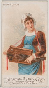 デューク ブランドのタバコ用の楽器シリーズ N82 のハーディ ガーディ、1888 年、1888 年。 作： Schumacher and Ettlinger