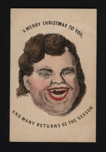 笑う男の顔、クリスマス・グリーティングカード、19世紀後半（彩色済み彫刻 作： Scottish School
