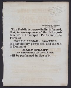 1829年9月30日、エディンバラのシアター・ロイヤルで行われた、請求された公演の変更のお知らせ（リトグラフ 作： Scottish School