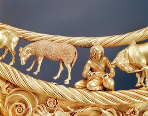 羊の乳搾り、スキタイ人、トヴスタ・モヒラ出土、前4世紀、金の胸飾り詳細