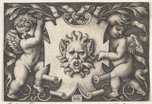 2 つの精霊に支えられたエスカッションの仮面、1544 年。 作： Sebald Beham
