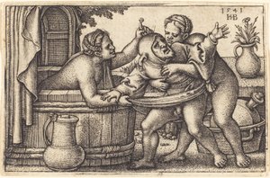ピエロと入浴する 2 人の女性 作： Sebald Beham
