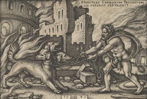 ケルベロスを捕まえるヘラクレス、「ヘラクレスの労働」、1545年。
