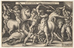 中央に棍棒を置いたヘラクレスがケンタウロスと戦っており、他の男性はケンタウロスと戦って左に..., 1542.