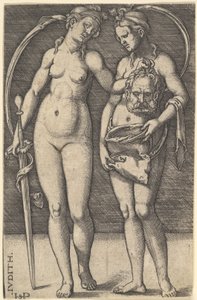 ジュディスは右に立ち、右手にホロフェルネスの頭を持っています。 1520-30。 作： Sebald Beham