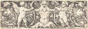 2 つの精霊の間の男性の半身像の飾り 作： Sebald Beham