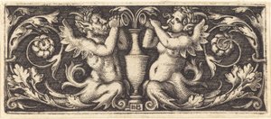 ホーンを吹く 2 つのトリトンの飾り 作： Sebald Beham