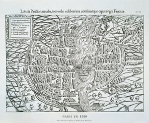 1530年頃のパリの都市計画図（木版画 作： Sebastian (after) Münster