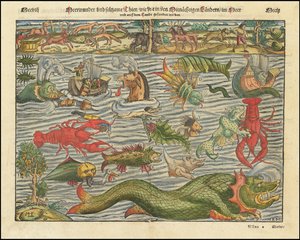 1570年頃、セバスチャン・ミュンスターによる陸と海の怪物の図 作： セバスチャン・ミュンスター