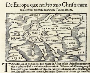 De Europa, quae nostro aeuo Christianum」クリスチャン・ヨーロッパの地図、1550年版セバスチャン・ミュンスター著「コスモグラフィア」より（木版画 作： Sebastian Munster