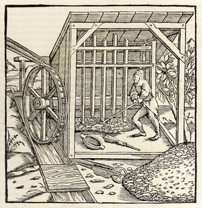 セバスチャン・ミュンスターによる1550年版「コスモグラフィア」より、水車を使った採掘（木版画