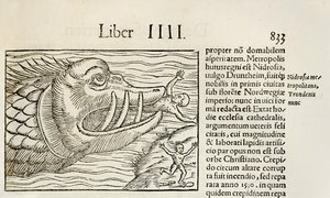 怪物のようなクジラが人間を食べている様子（1550年版「Cosmographia by Sebastian Munster」より）（木版画